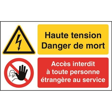 Panneau d'avertissement « Danger tension électrique et texte d'information »